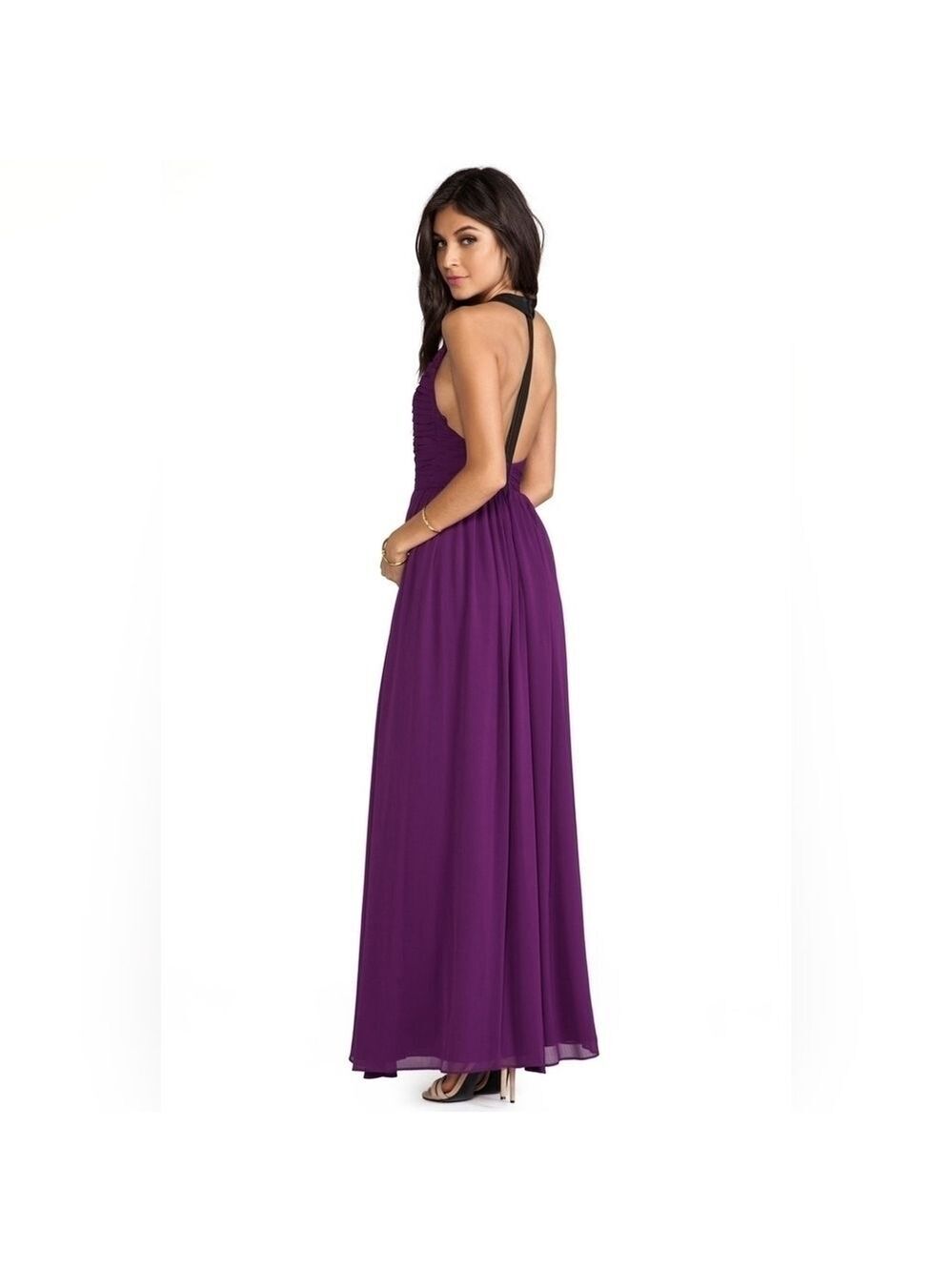 Alice and Olivia Runie Ruched Bodice Leather T Strap Maxi Dress